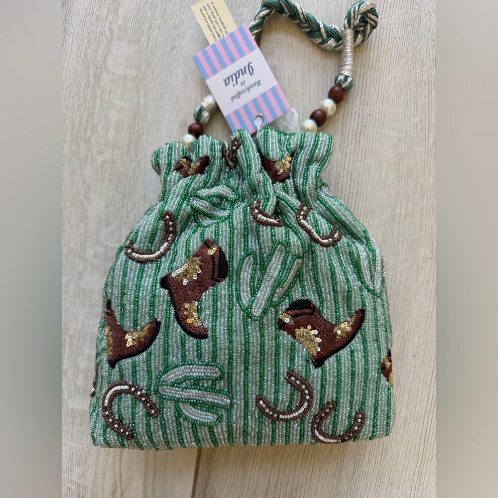 Beaded Green Western Boot Drawstring Shoulder Bag… - image 1